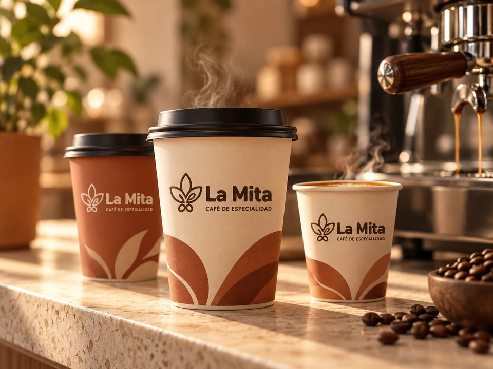 Vasos de café para llevar de La Mita sobre la barra